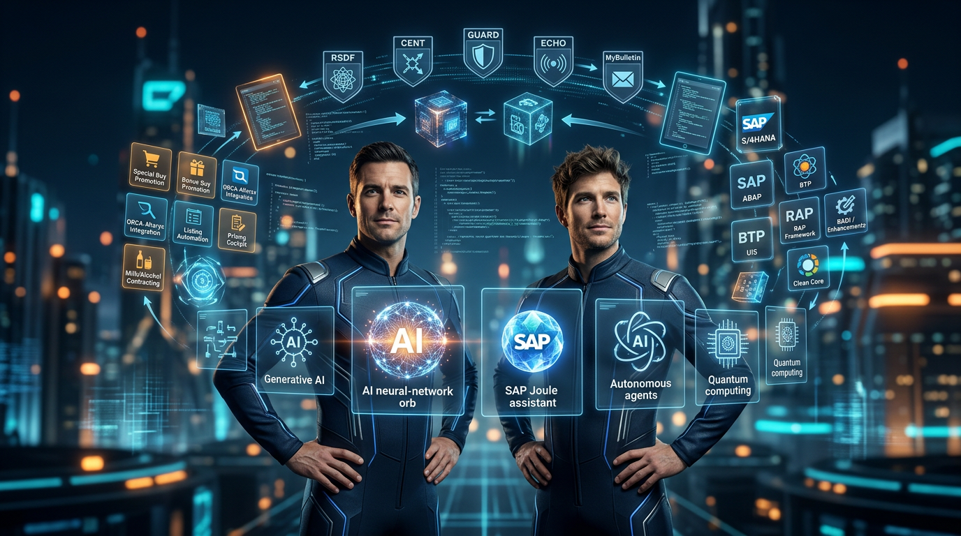 Two SAP engineers as futuristic humans with their frameworks and AI tools